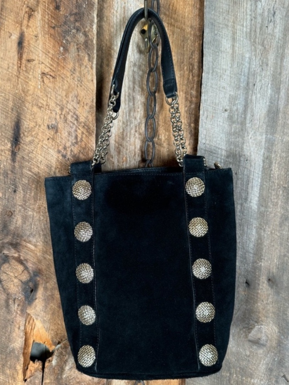 Vintage Reiss Black Suede Bucket Bag with Gold Medallions